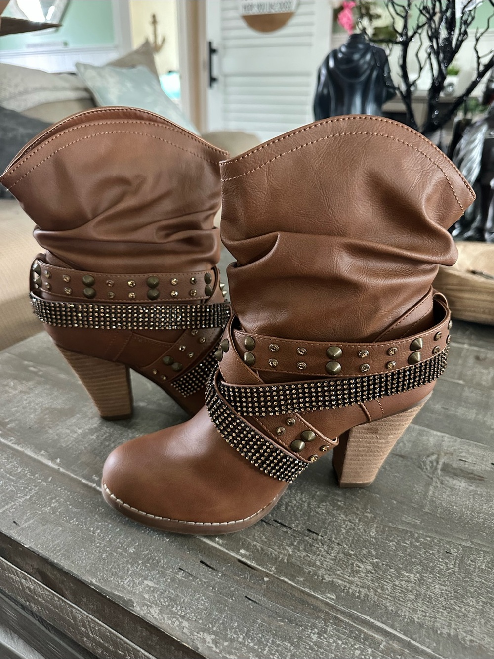 Stylish Brown Studded Women's Heeled Boots